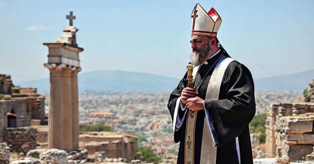 Sedevacantistyczny ksiądz stojący w ruinach Nicei z tradycyjnym brewyliarzem, na tle nowoczesnego miasta.