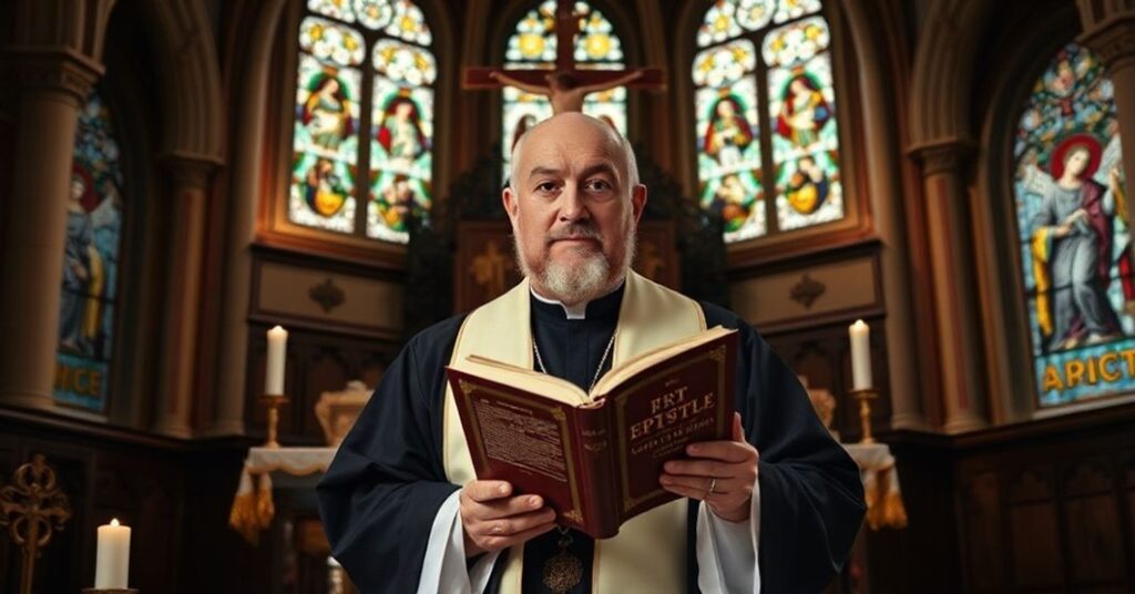 Portret tradycyjnie ubranego księży w kaplicy z krucyfiksem i listem św. Jana, symbolizujący siedewakantyzm