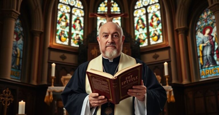 Portret tradycyjnie ubranego księży w kaplicy z krucyfiksem i listem św. Jana, symbolizujący siedewakantyzm