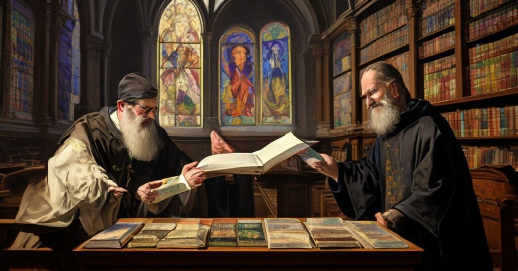 Sedevacantystyczny teolog dyskutuje z modernistyczną autorką Moniką Kosterą w bibliotece kościelnej, podkreślając kontrast między prawdziwą mądrością a fałszywymi wartościami nowoczesności.