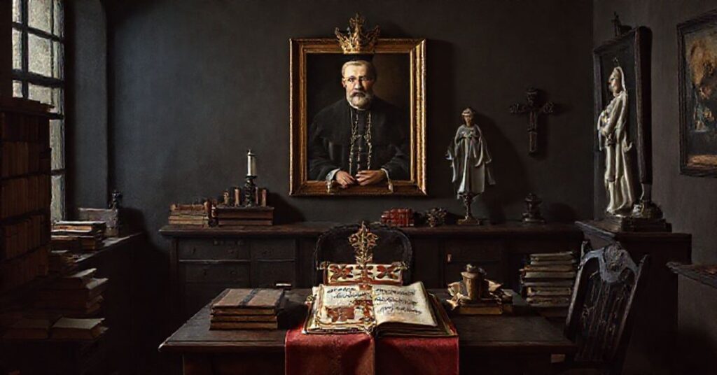 Portret św. Piusa X w tradycyjnym katolickim wnętrzu z encykliką 'Quas primas' i tarczą herbową Habsburgów, symbolizujący krytykę monarchii habsburskiej z siedewakantystowskiego punktu widzenia.