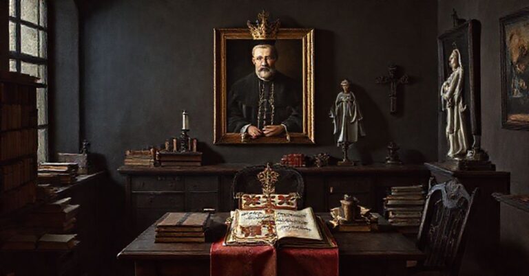 Portret św. Piusa X w tradycyjnym katolickim wnętrzu z encykliką 'Quas primas' i tarczą herbową Habsburgów, symbolizujący krytykę monarchii habsburskiej z siedewakantystowskiego punktu widzenia.