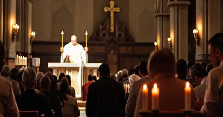 Wnętrze kościoła katolickiego z tradycyjnym księdzem w ornacie celebrującym Mszę Świętą. Na pierwszym planie Sedewakantyzm-katolicy klęczą w modlitwie, oświetleni cichym blaskiem świec. Obrazy głębokiej pobożności i świętości Ofiary Najświętszej.