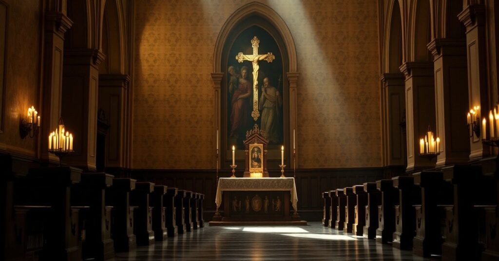 Obraz wizualizuje sedewakantystyczny punkt widzenia na milczenie rzekomego "papieża Leona XIV" w sprawie uwięzienia katolickiego dziennikarza Jimmy'ego Laia w Chinach.