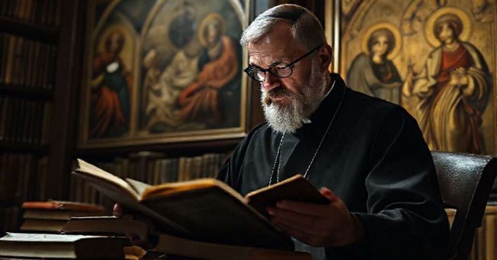 Tradycyjny katolicki duchowny sedewakantysta studiujący książkę 'Praktyka obecności Boga' brata Lawrencego w świetle tradycyjnej duchowości katolickiej.