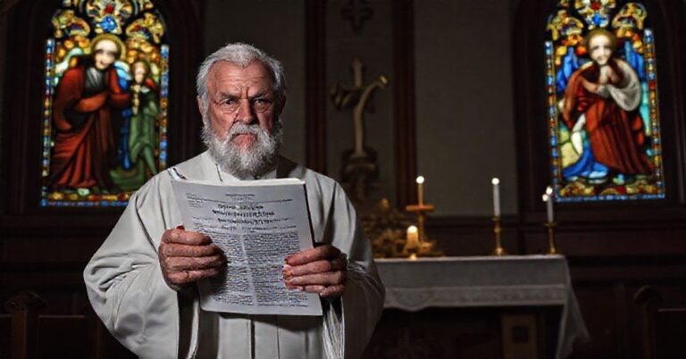 Stary sedewakantysta kapłan w tradycyjnym kościele katolickim trzymając artykuł o komunii niemowlaków