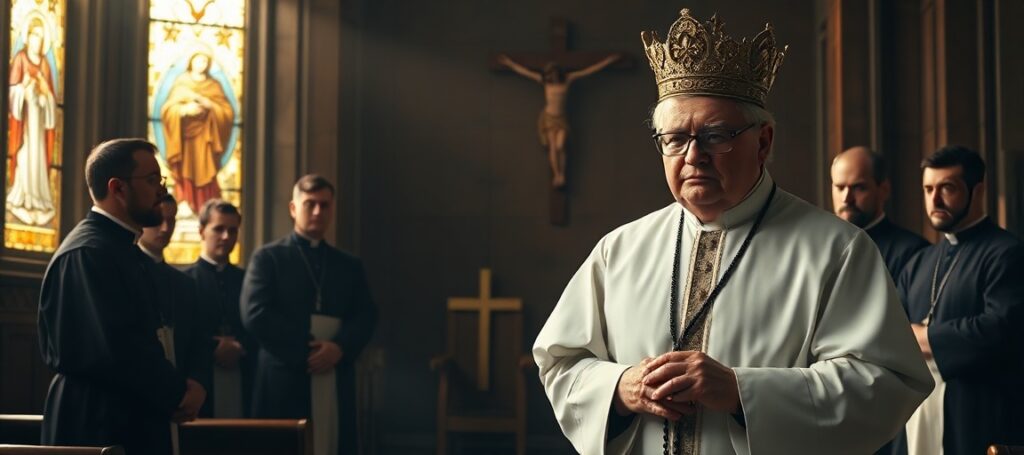 Zdjęcie przedstawiające pustą stolicę Piotrową z papieskim tiarą i kluczami w tradycyjnym wnętrzu kościelnym. Po lewej stronie stoi tradycyjny kapłan sedevakantysta z różańcem w ręku, który patrzy na grupę mężczyzn w kleryce w cieniu ojawiących się gestami i wzrokami skierowanymi ku niemu. W tle widoczna jest pustynia sakramentalna i krzyż z ciemnego drewa.