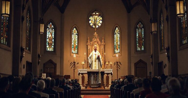 Przedstawienie tradycyjnego kościoła katolickiego z kapłanem sedewakantystą głoszącym kazanie z ambony. Ołtarz ozdobiony krzyżem i tabernakulum otoczony jest klęczącymi wierzącymi w modlitwie. Delikatne, poważne oświetlenie podkreśla sakralną atmosferę z witrażami rzucającymi subtelne naturalne kolory. Wyrazy twarzy kapłana i wiernych wyrażają poważną troską i nadzieją.