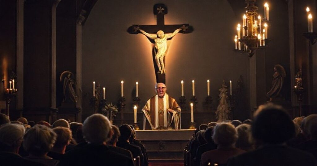 Stary sedewakantysta kapłan w tradycyjnych ornatach stoi przy ołtarzu w ciemnym kościele oświetlonym świecami. W tle krzyż i obrazy świętych. Gromadka wiernych modli się z troską na twarzy.