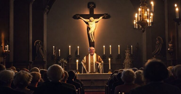 Stary sedewakantysta kapłan w tradycyjnych ornatach stoi przy ołtarzu w ciemnym kościele oświetlonym świecami. W tle krzyż i obrazy świętych. Gromadka wiernych modli się z troską na twarzy.