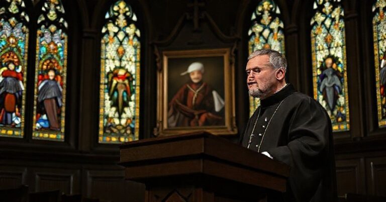 Tradycyjny katolicki kapłan w kaplicy domowej, wygłaszający kazanie przeciwko modernistycznym herezjom neo-Kościoła.