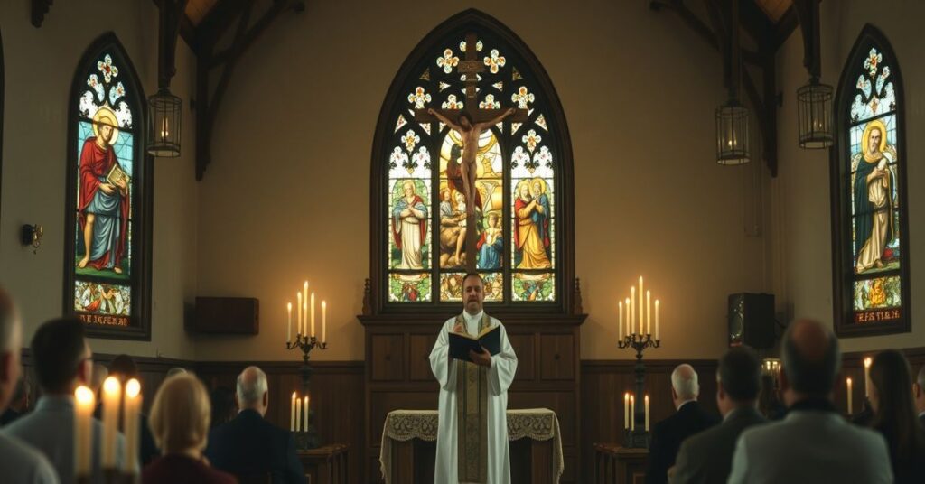 Wnętrze tradycyjnego kościoła katolickiego z ołtarzem i krucyfiksem podczas kazania sedewakantysty. Scena podświetlona świecami, z witrażami przedstawiającymi świętych i sceny biblijne.