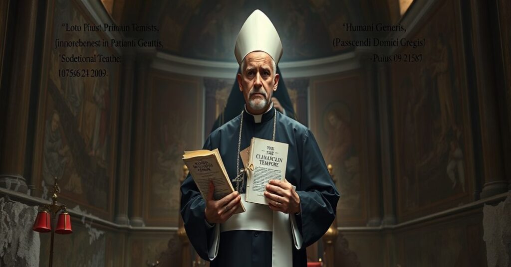 Sedewakantysta ksiądz w starożytnej kaplicy trzymający dokumenty przeciwstawiające się postępom Soboru Watykańskiego II.