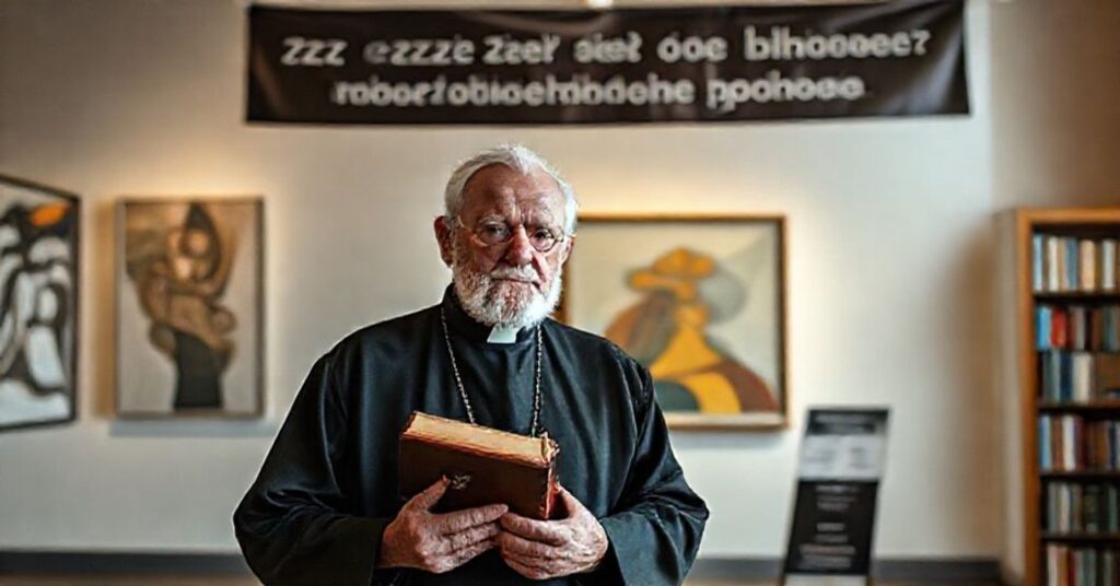 Starszy sedewakantysta ksiądz stoi z troskliwym wyrazem twarzy przed wystawą sztuki w przestawionej na inne cele bibliotece.