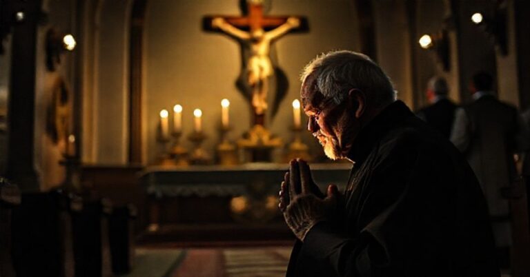 Stary sedewakantystowski ksiądz modli się w tradycyjnym kościele katolickim przed tabernakulum