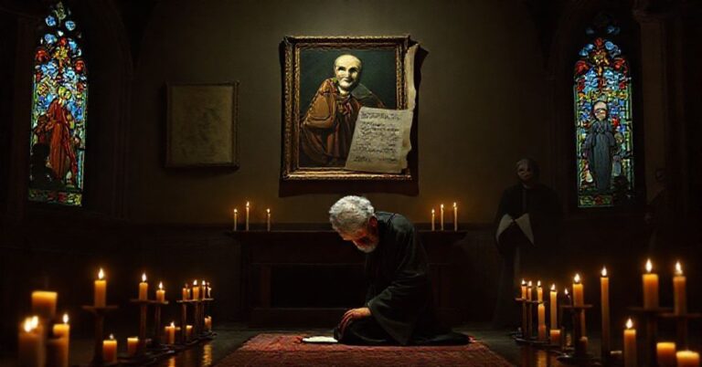 Stary kapłan sedewakantysta modli się w ciemnej kaplicy przed obrazem falszywego papieża Leona XIV i zerwanym dokumentem o likwidacji komisji darowizn.