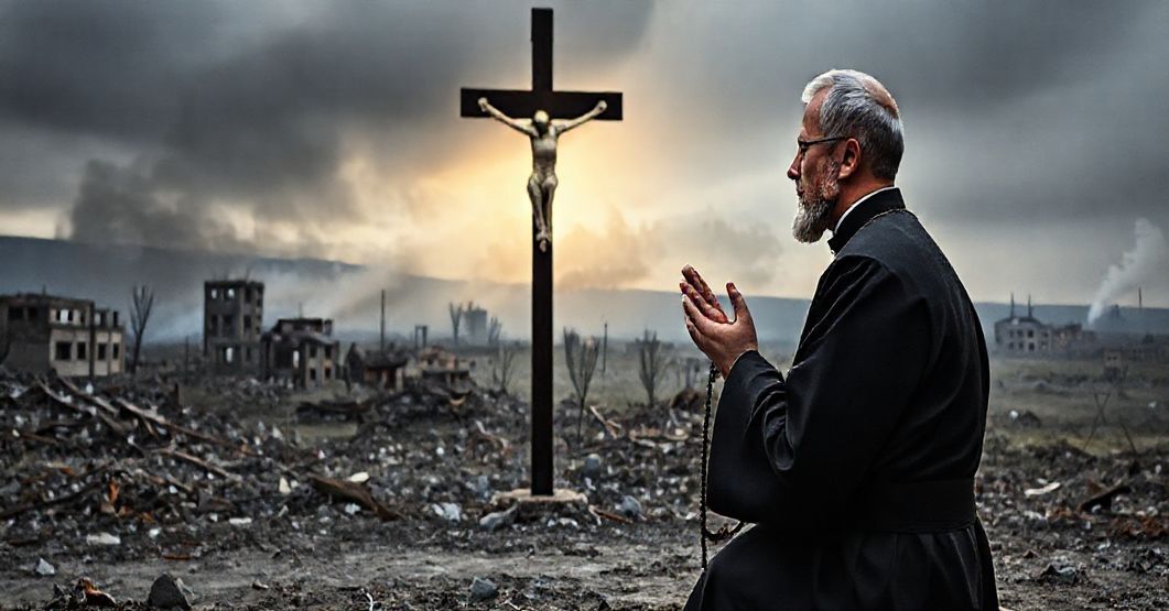 Ks. sedewakantysta modli się przed krzyżem na tle zniszczonego krajobrazu ukraińskiego, symbolizując potrzebę pokuty i przywrócenia panowania Chrystusa Króla
