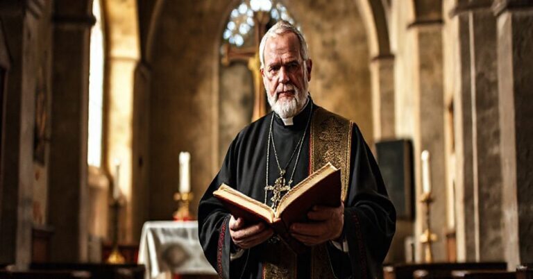 Tradycyjnie ubrany biskup sedewakantystowski trzyma brewiarz w starym kościele z rozbitym ołtarzem nowego porządku na tle