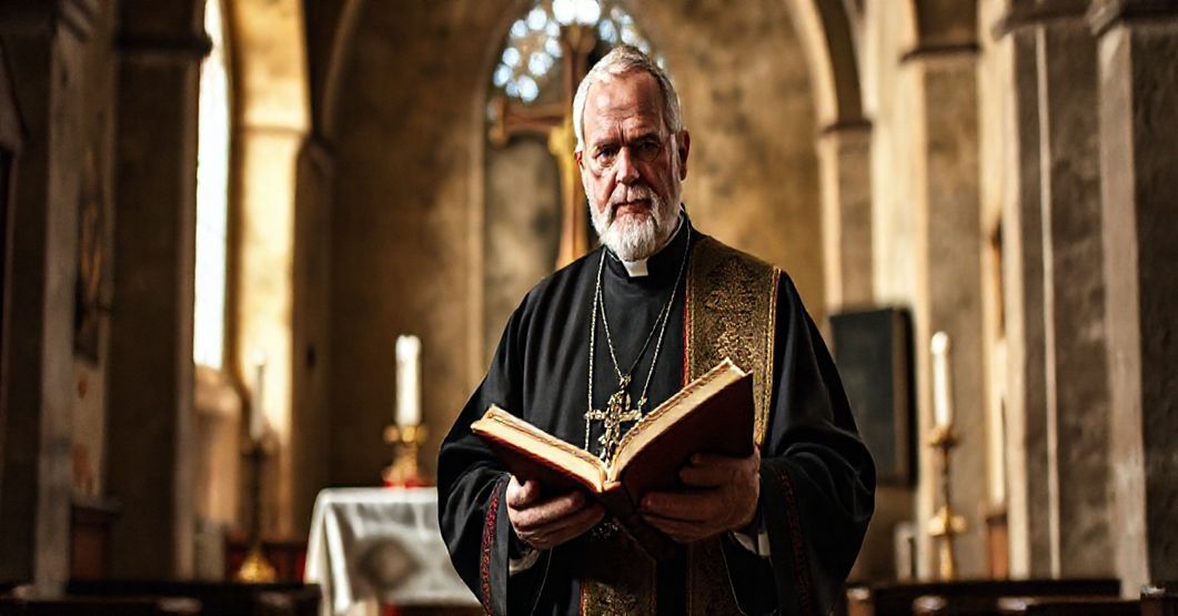 Tradycyjnie ubrany biskup sedewakantystowski trzyma brewiarz w starym kościele z rozbitym ołtarzem nowego porządku na tle