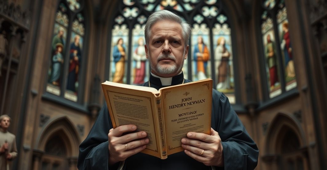 Ciężki sedewakantystowski ksiądz trzyma dzieło Johna Henry'ego Newmana przed katedrą, wyrażając troskę o modernistyczne błędy w edukacji katolickiej.