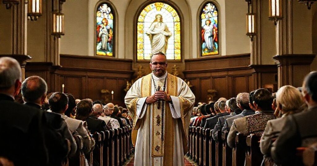 Wnętrze kościoła katolickiego z sedewakantystą w tradycyjnej szacie liturgicznej trzymającym różaniec przed zgromadzeniem wiernych. Scena jest pełna powagi i uroczystości, z delikatnym światłem naturalnym prześwietlającym witraże przedstawiające sceny męczeństwa katolickiego. Na tle znajduje się figura Serca Jezusowego symbolizującego prawdziwe królestwo Chrystusa.