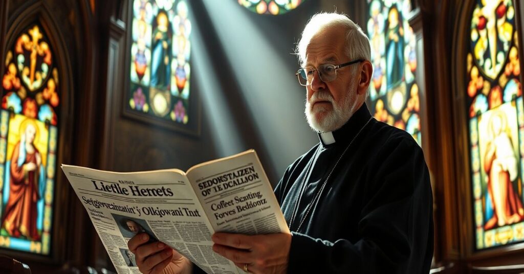 Stary sedevakantystowski ksiądz w czarnej sutannie stoi w tradycyjnym kościele z witrażami przedstawiającymi świętych. Trzyma dokument 'Stworzeni, Odkupieni i Umiłowani' i czyta gazetę o 'Biskupie' Joseph Stricklandzie protestującym przeciwko bierzmowaniu jawnego sodomity Gio Beníteza.
