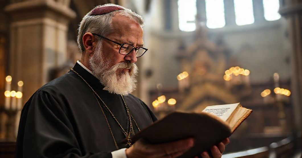 Portret tradycyjnego katolicyzmu: duchowny sedewakantysta w świetle świec czytający Ewangelie z staropolskim misałem