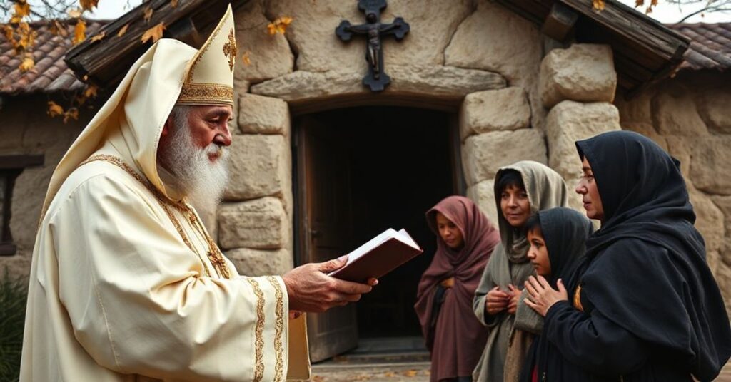 Sedevakantystowski ksiądz udzielający duchowej pomocy ubogiej rodzinie przed kościołem w jesiennym krajobrazie