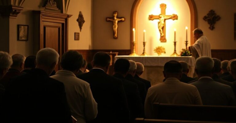 Sedewakantystyczny ksiądz celebruje tradycyjną Mszę św. w kaplicy z wiernymi modlącymi się w tle.