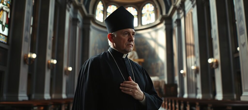 Kapłan tradycyjny modlący się w opustoszałej bazylice przeciwko fałszywemu papieżowi Leonowi XIV i jego apostazji