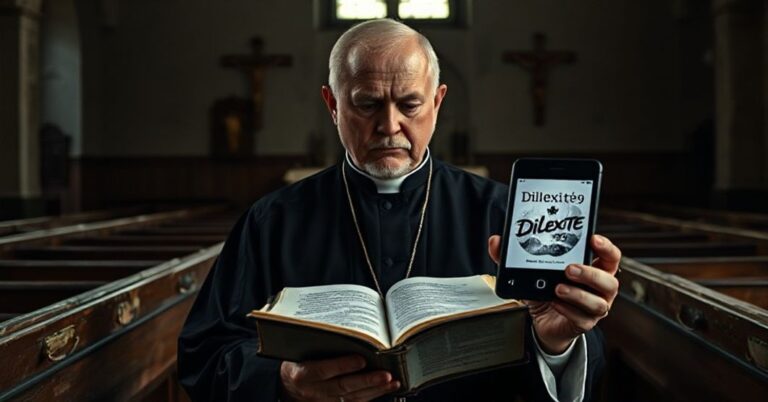 Tradycyjny ksiądz katolicki w ciemnej cerkwi trzyma Biblię z widocznym tekstem z Apokalipsy 3:9 i nowoczesny audiobook "Dilexi te"