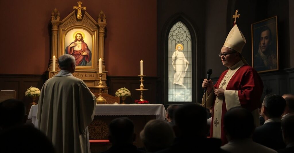 Scena katolicka przedstawiająca krytykę sedewakantystów wobec struktur posoborowych. Tradycyjny ksiądz w pełnym ornatem stoi przed ołtarzem z wizerunkiem Chrystusa Króla, podczas gdy modernistyczny 'biskup' w cywilnym stroju przemawia do tłumu w przyciemnionym kościele posoborowym. Kontrast między szacunkiem tradycyjnego kapłana a lekkomyślnym zachowaniem modernisty podkreśla utratę świętości w erze posoborowej.