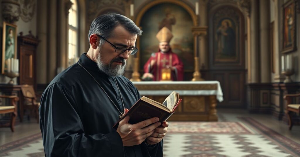 Sedevakantysta katolicki kapłan modli się w tradycyjnym kościele podczas gdy na tle widnieje 'arcybiskup' Tadeusz Wojda z sekty nowego porządku