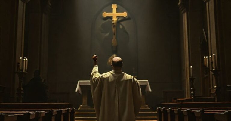 Traditionalny katolicki wnętrze z kapłanem sedevacantystą w kasule przed ołtarzem, symbolizujące walkę z apostazją.