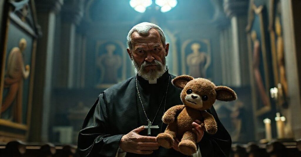 Tradycyjnie ubrani kleryk sedewakantystowski trzyma pluszaka Labubu w ciemnym kościele, symbolizując kult przedmiotów i kryzys duchowy współczesnej kultury.