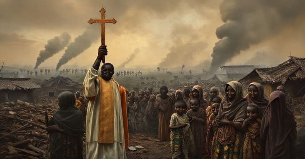 Realistyczny obraz chrześcijańskich rodzin uciekających przed przemocą w Nigerii z modlącym się sedewakantystą w tradycyjnych szatach na pierwszym planie.