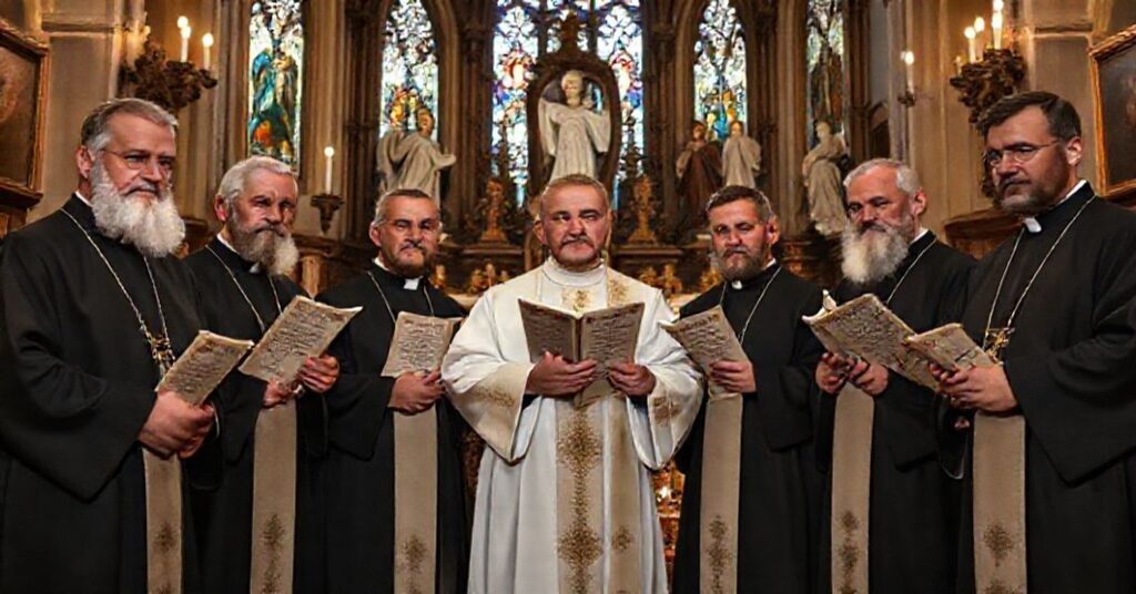 Grupa sedewakantystów w ornatach stojąca przed ołtarzem kościelnym z encykliką Piusa X. Scena jest tradycyjna i pełna pobożności.