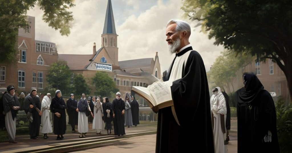 Kapelan katolicki w tradycyjnych szatach stoi przed brytyjskim kampusem uniwersyteckim, trzymając encyklikę Piusa XI „Quas primas”. Na tle widoczne są studentki w chadorach i budynki uczelni z banerami Bractwa Muzułmańskiego.