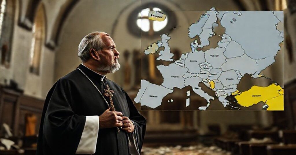 Kapłan na tle zniszczonego kościoła na Ukrainie, trzymający krzyż i patrzy na mapę Europy z rosyjską ekspansją, w osią sedewakantistycznej krityki amerykańskiego planu pokojowego.