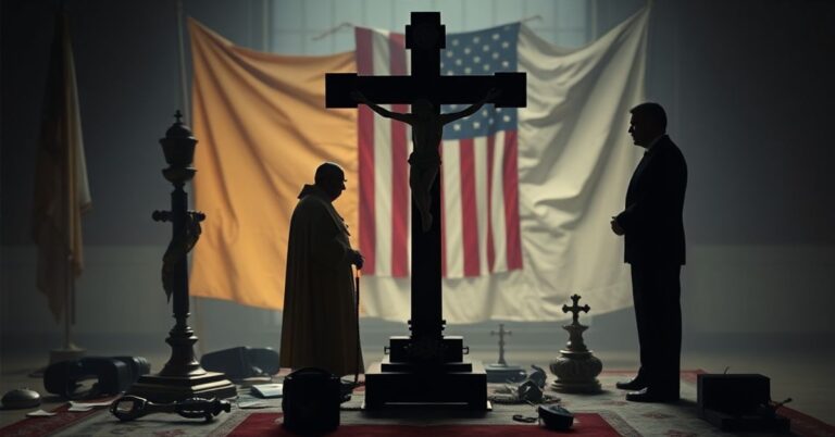 Scena symboliczna przedstawiająca krytykę współpracy Watykanu z USA z perspektywy sedewakantystów.