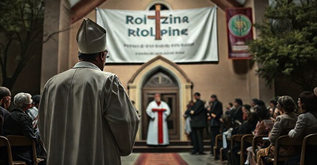 Sedewakantystyczny obraz przedstawiający tradycyjnego księdza w sutannie stojącego przed kościołem parafialnym, z modernistycznymi aktywistami zaangażowanymi w świeckie działania.