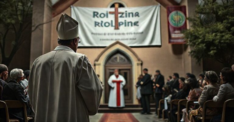 Sedewakantystyczny obraz przedstawiający tradycyjnego księdza w sutannie stojącego przed kościołem parafialnym, z modernistycznymi aktywistami zaangażowanymi w świeckie działania.