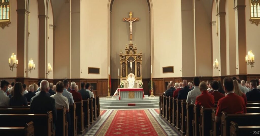 Wnętrze tradycyjnego kościoła z ołtarzem i krzyżem, symbolizujące sedevacantystyczny pogląd na brak prawdziwej władzy papieskiej.