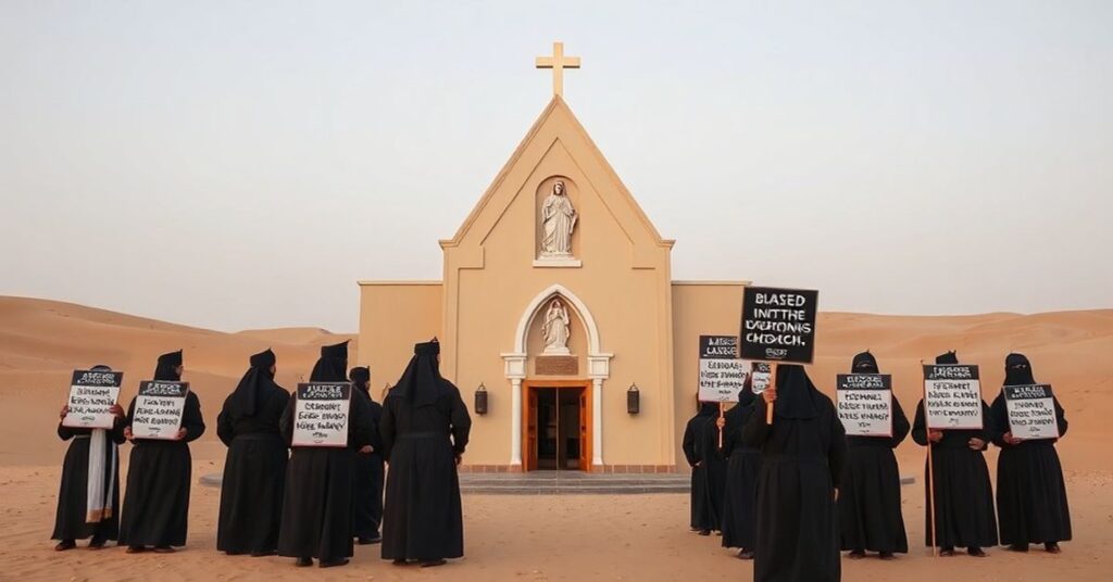 Tradycyjny kościół katolicki w pustyni kuwejckiej z grupą sedevakantystów protestujących przeciwko herezji modernistycznej.