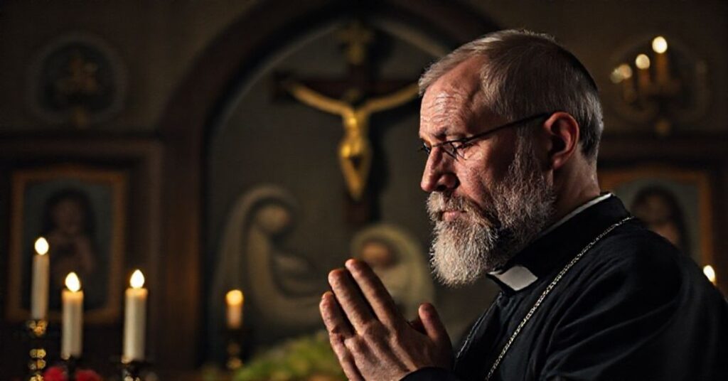 Portret sedewakantysty katolickiego przed ikoną prawosławną z krzyżem w tle, symbolizujący jego refleksję nad moralnymi błędem ruchu antyaborcyjnego w Rosji