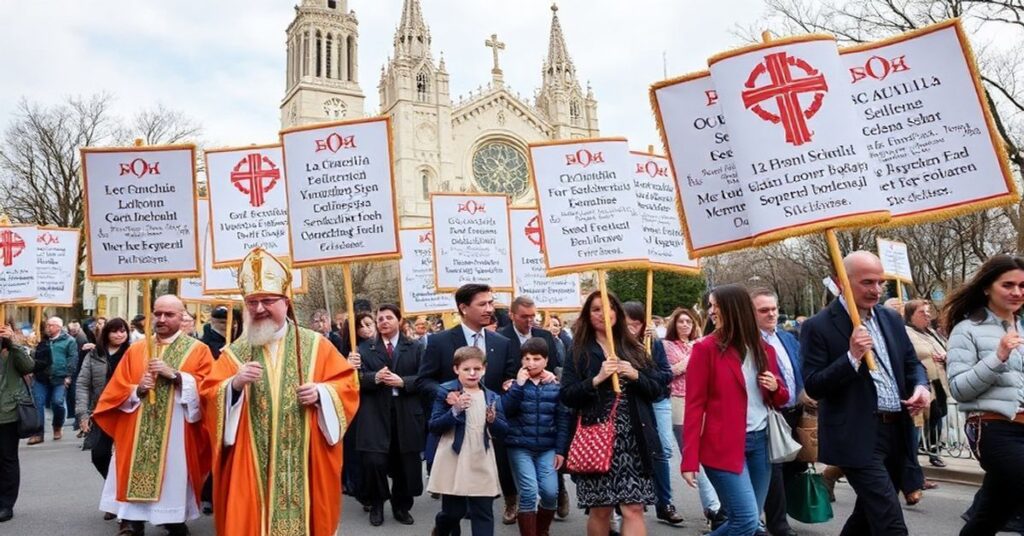 Procesja sedewakantystów w Waszyngtonie z tradycyjnymi katolickimi transparentami przed katedrą św. Mateusza
