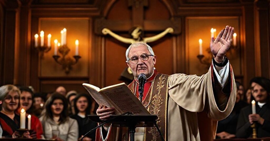 Biskup sedewakantysta w kaplicy z krzyżem i księgą Quas Primas Piusa XI, mówiąc o zagrożeniach sztucznej inteligencji.