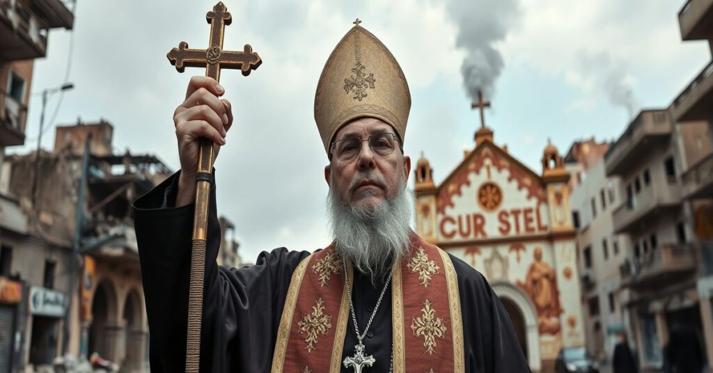 Biskup sedewakantystów w tradycyjnym stroju stoi przed zniszczonym kościołem w Bejrucie z krzyżem w ręku, na tle wojennych ruin i dymu.