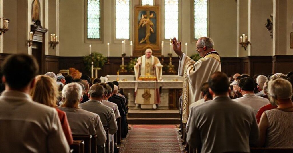 Tradycyjna msza święta w kościele z biskupem sedewakantystą i kładącymi się przed nim osobami w związku niesakramentalnym