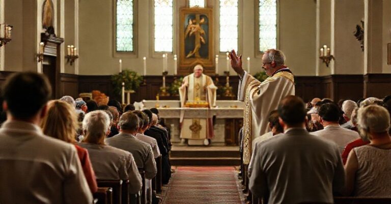 Tradycyjna msza święta w kościele z biskupem sedewakantystą i kładącymi się przed nim osobami w związku niesakramentalnym